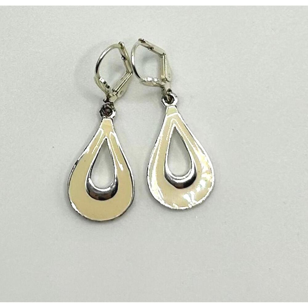 Vintage Silver Tone Earrings, Minimalist White Enamel Dangle w Lever Backs